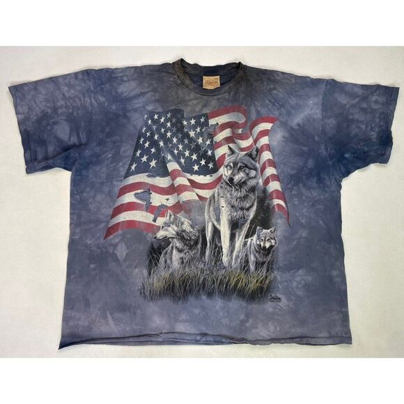 VINTAGE The Mountain Wolves USA Flag 2001 T-shirt Men 3XL Blue Tie Dye Thrashed - Picture 1 of 12